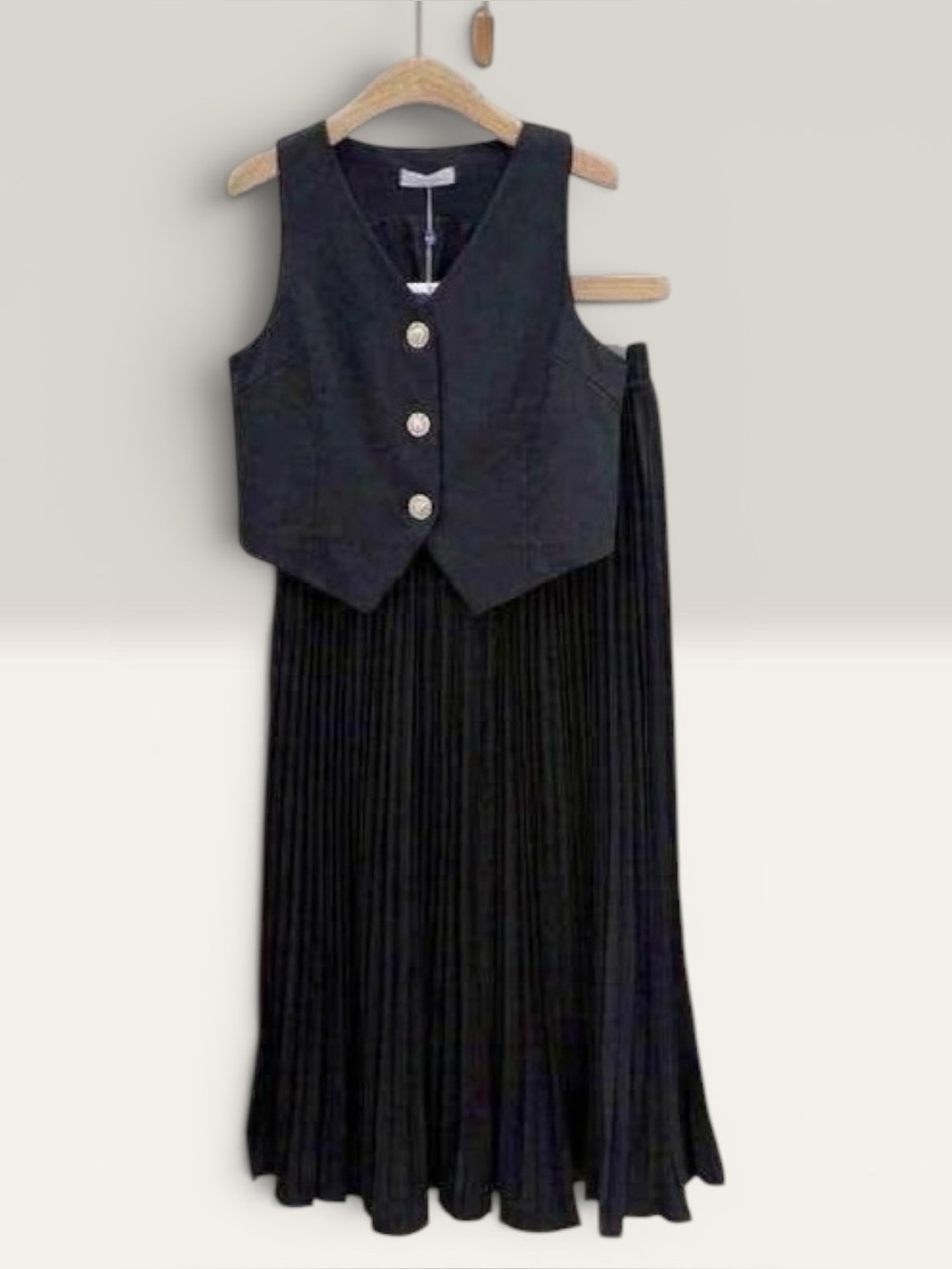 Black Vest with Pleated Maxi Skirt Set